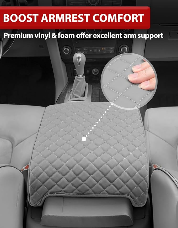 KBH Center Console Armrest Cover for Infiniti QX56 & QX80 2011-2017, Middle Console Lid Cushion Pad, Arm Rest Protective Covering, Vinyl Leather Interior Accessories, Light Gray