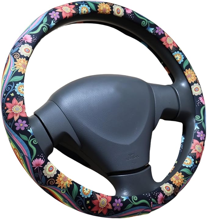 Rainbow Flowers Floral Steering Wheel Cover for 14.5-15 Inch Wheels, Premium Fabric with Non-Slip Rubber Inner Ring (Rainbow)