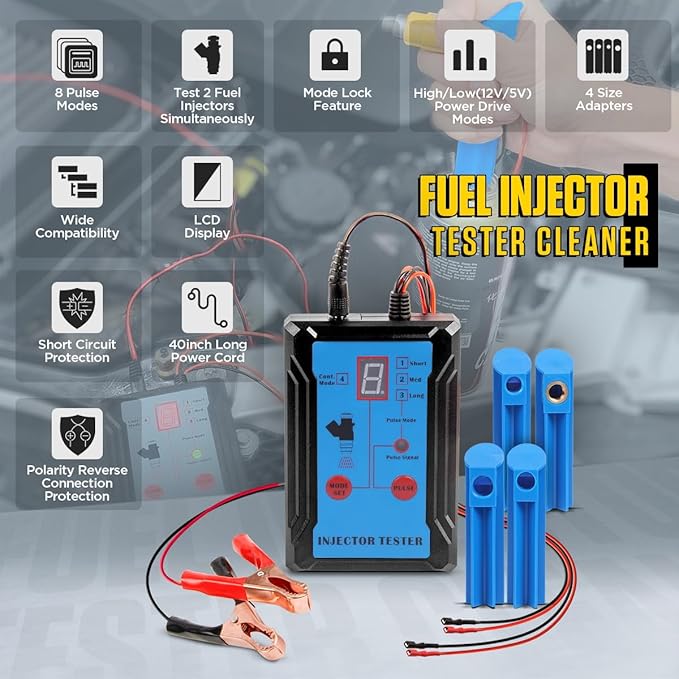 Fuel Injector Tester Cleaner Tool Kit 8 Pulse Modes Injector Tester 2 Fuel Injector Test Simultaneously DIY Cleaning Tools with 40in Power Cord,4 Injector Cleaner Adapters,Short Circuit Protection 12V