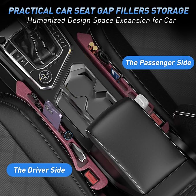 Car Seat Gap Filler 2Pack, Inserts Between Seats Console with Organizer Storage Upgraded Phone Holder Side Seat Gap Fillers Cars Front Seats Fill Plug Car Essentials for Vehicle SUV Truck (Wine Red)