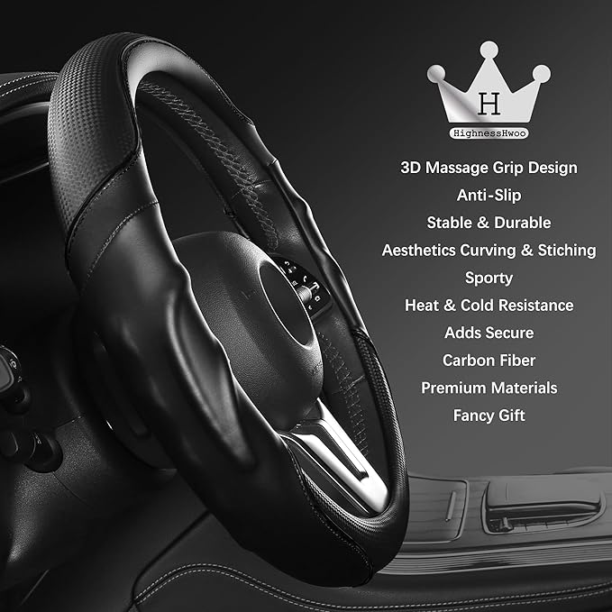 3D Car Steering Wheel Cover Comfort Grip Massage Sporty Anti-Slip Carbon Fiber Faux Leather for F150, Trucks, Jeep, Van, Car Handle Covers for All Seasons, 15.2-16in, Black