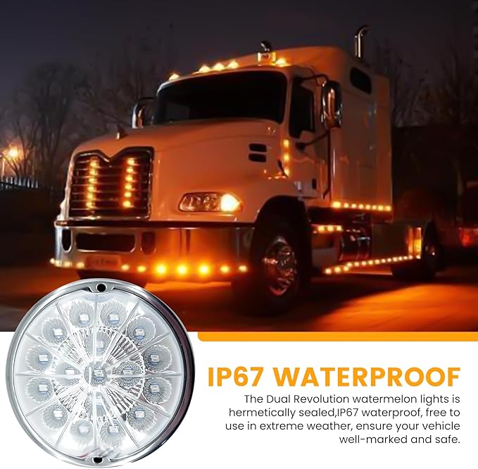 2PCS 17 LED Dual Revolution Watermelon Lights, Amber Turn Signal & Marker to Blue Auxiliary, Clear Lens & Stainless Steel Bezel for Freightliner, Peterbilt, Heavy Trucks & Trailers