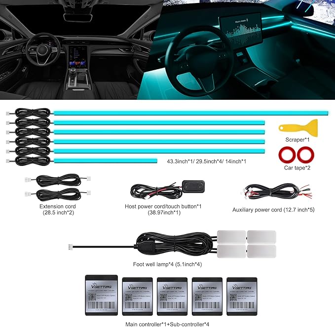 RGB Acrylic Interior Car LED Strip Light with Wireless APP, 10 in 1 with 175 inches 593 LEDs Neon LED Strip Light, 16 Million Colors Dynamic Music Sync Car Ambient Lighting Kits