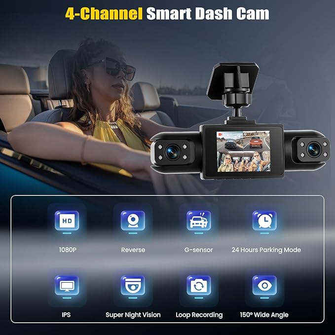 4 Channel Dash Cam Front and Rear Inside Left Right,2 Inch 1080P Front and Rear Dash Camera for Cars Car Camera with Night Vision,Loop Recording,Parking Assistance,24H Parking Monitor