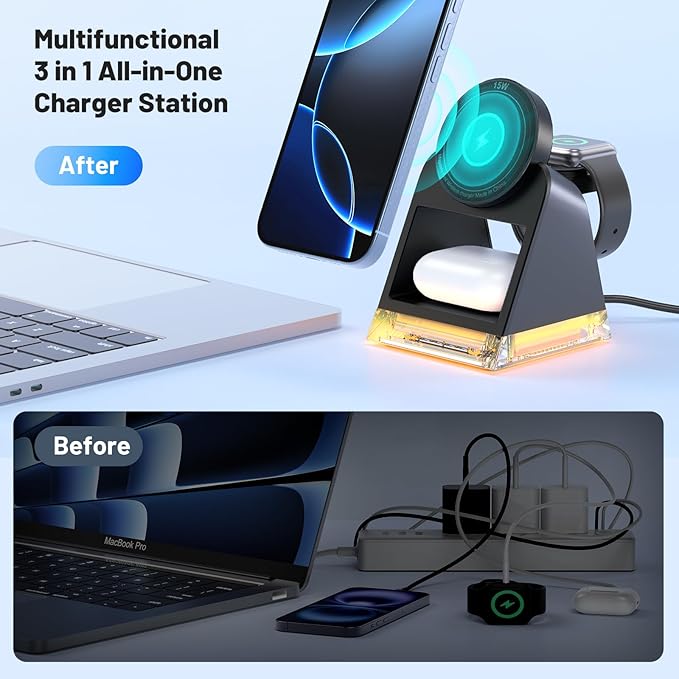 3 in 1 Fast Charging Station for Multiple Apple Devices, Portable Wireless Charger Stand with Magsafe,Magnetic Travel Charge Dock for iPhone 16e/15 Pro Max/14 Plus/13 Mini/12/Apple Watch Ultra/AirPods