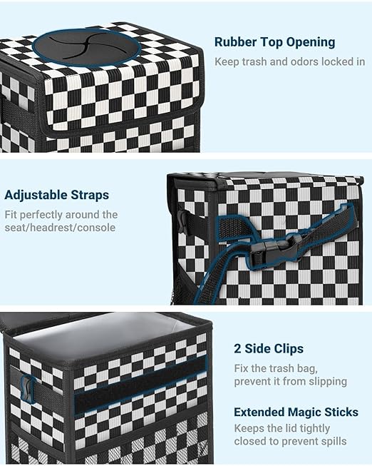 Capolo Car Trash Can with Lid, Leakproof Car Trash Bag Hanging Waterproof Automotive Garbage Can with Storage Pockets Mini Vehicle Trash Bin for Back/Front Seat(Black Checkerboard,3 Gallon)
