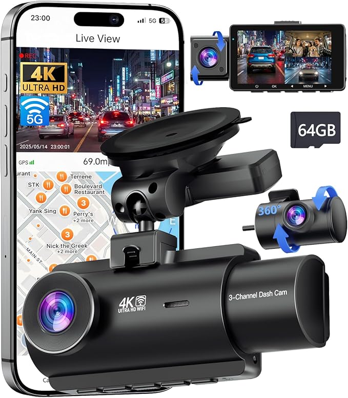 QCONTROL® Rideshare/Taxi True 4K 3-Channel Dash Cam Front and Rear Inside, 4K Front + 1080P IR Inside + 1080P Rear, 6G WiFi App, GPS Speed/Route Timestamp Overlay, 64GB Included