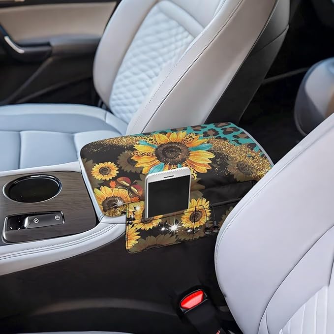 Wanyint Sunflower Leopard Print Blue Car Center Console Cover Comfortable Armrest Seat Box Pad with Organizer Pockets Anti-Scratch Arm Rest Pad Suitable for Most Cars, Vehicles, SUVs