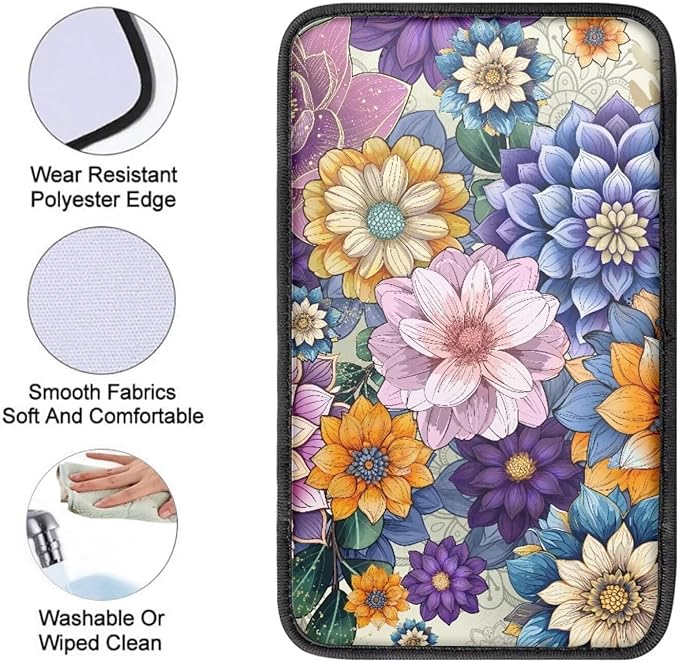 JoyLamoria Auto Center Console Cover Boho Floral Print Car Armrest Cover Universal Fit Comfort Armrest Cushion for Car Seat Handrail Box