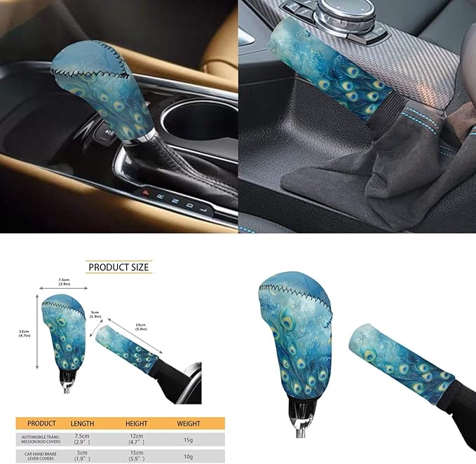 Blue Peacock Print Car Steering Wheel Cover Set for Men Women Beautiful Car Interior Decor Cup Coaster Handbrake Cover Universal Fit Auto,Suvs,Truck