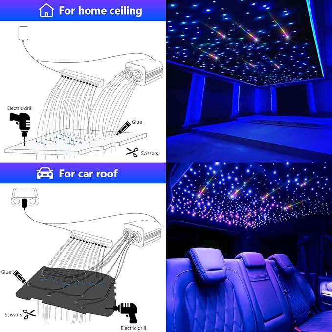 AMKI Dual Color 20W Twinkle Starlight Headliner Kit 1300pcs*0.03in 13.1ft Cables+ RGB Meteor Shooting Star Fiber Optic Light Sound Activated APP/Remote Control for Car Roof Home Ceiling