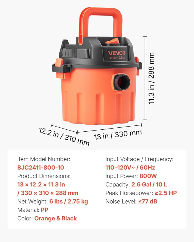 VEVOR Dry Vacuum Cleaner, 2.6 Gallon 2.5 Peak HP Portable Shop Vac with 800W Input Power, Various Nozzles, 1.25in Diameter x 4ft Hose, 9.2ft Cord for Home, Garage, Jobsite, Workshop, Black Orange