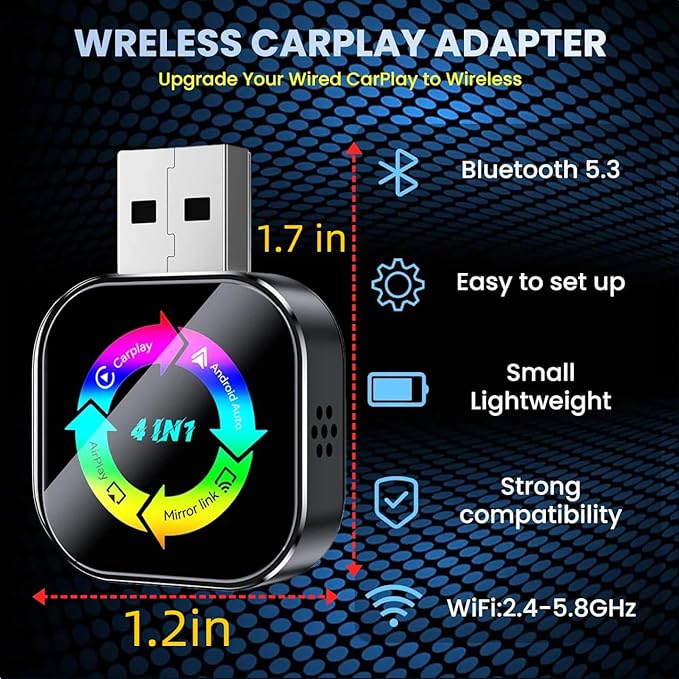2026 Upgraded 4-in-1 Wireless CarPlay Adapter, Convert Wired to Wireless CarPlay & Android Auto, Support AirPlay & Screen Mirroring, Zero Latency Plug & Play, USB/Type-C for iPhone iOS & Android