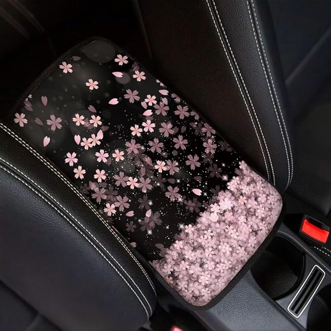 Coldinair Cherry Blossom Car Armrest Cover,Auto Center Console Pad,Soft Seat Box Cover Protector Cushion,Car Accessories Decor for Most Cars,Sedan,Truck,SUV