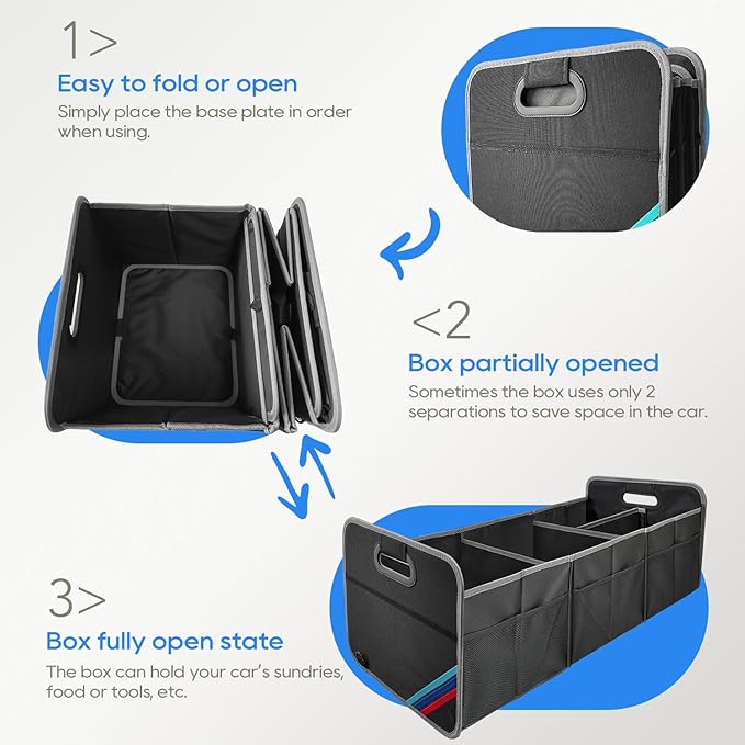 XL Car Trunk Organizer, 4 Compartments, 94L Capacity, Oxford Polyester 600D Material, Easy Fold and Store, Prevents Sliding