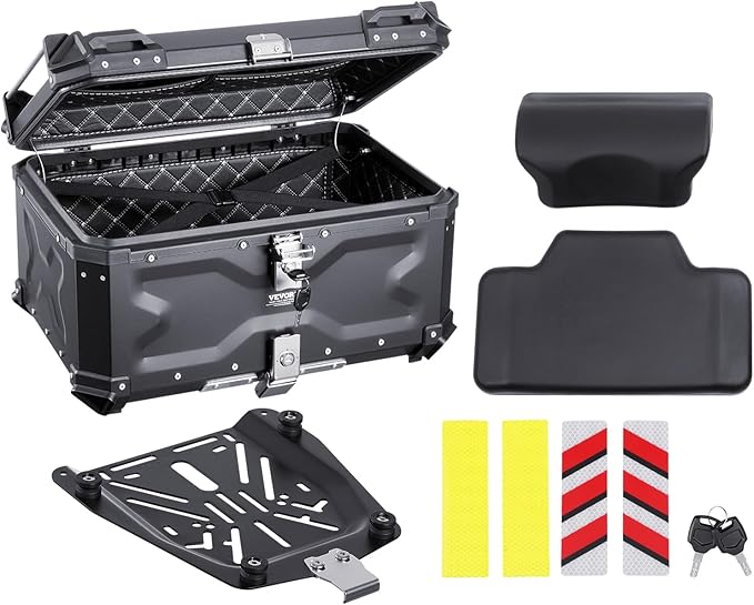 VEVOR Motorcycle Top Case 65L, Universal Aluminum Alloy Motorbike Tail Box with Leather Lining, Waterproof Detachable Motorcycle Top Box with Lock & Back Cushion, Fit for 99% of Motorcycle Frames