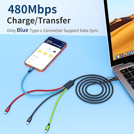 4 in 2 Multi Charging Cable [2Pack 5FT], USB C Splitter with 3 Type-c/1IP, Chargers for Multiple Devices, Compatible with Most Cell Phones/Tablets and More