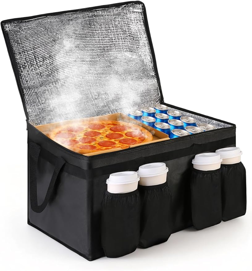 Bodaon Insulated Grocery Bags with 4 Cup Holders -Insulated Bags for Food Delivery with Zippered Top, Food Carrier for Catering, Pizza Bag and Cooler Bag for Takeout, Picnic, Shopping, Car Use
