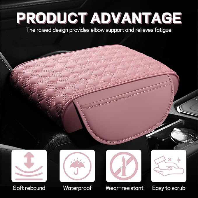 Car Armrest Cushion, 12.2"×8.3" Leather Auto Memory Foam Center Console Pad with Storage Pocket, Waterproof & Anti-Scratch Elbow Pillow Armrest Seat Box Protector, Universal Fit (Pink)