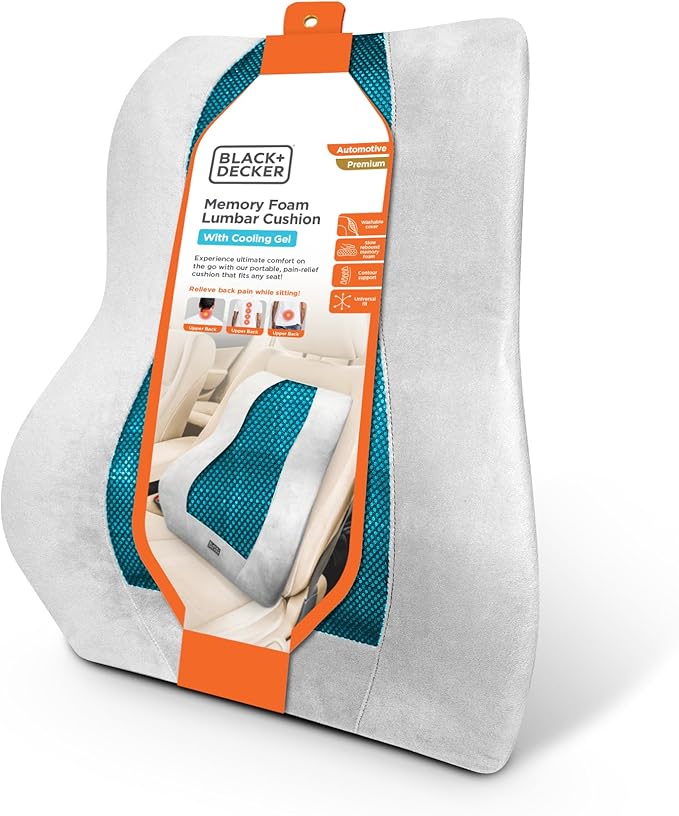 BLACK+DECKER Memory Foam Lumbar Support Pillow with Cooling Gel – High Back Lumbar Cushion for Office, Car, Wheelchair & Airplane – Ergonomic, Pain Relief, Adjustable Strap, Washable Cover,Grey/Black