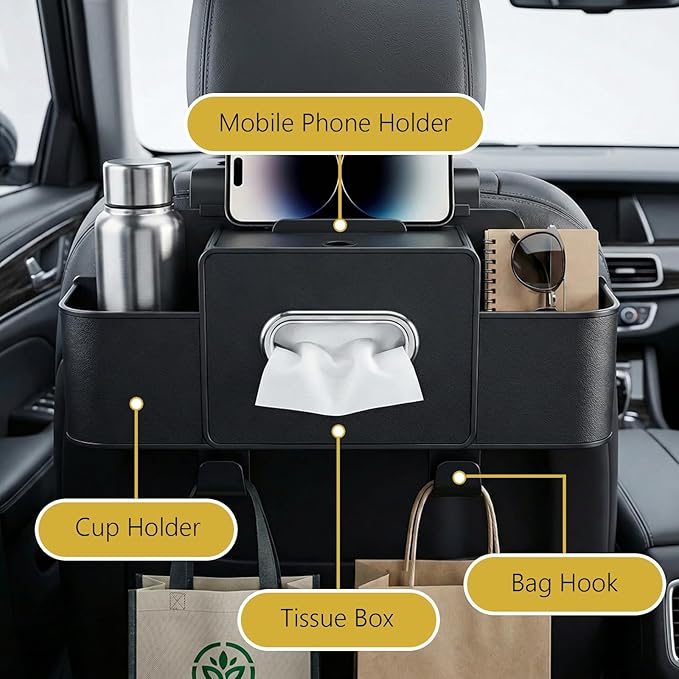 Backseat Car Organizer, 4 in 1 Multifunctional Car Back Seat Storage Organizer with Tissue Box, 2 Cup Holders, Phone Stand and Hooks, Automotive Seat Back Organizers (Black)