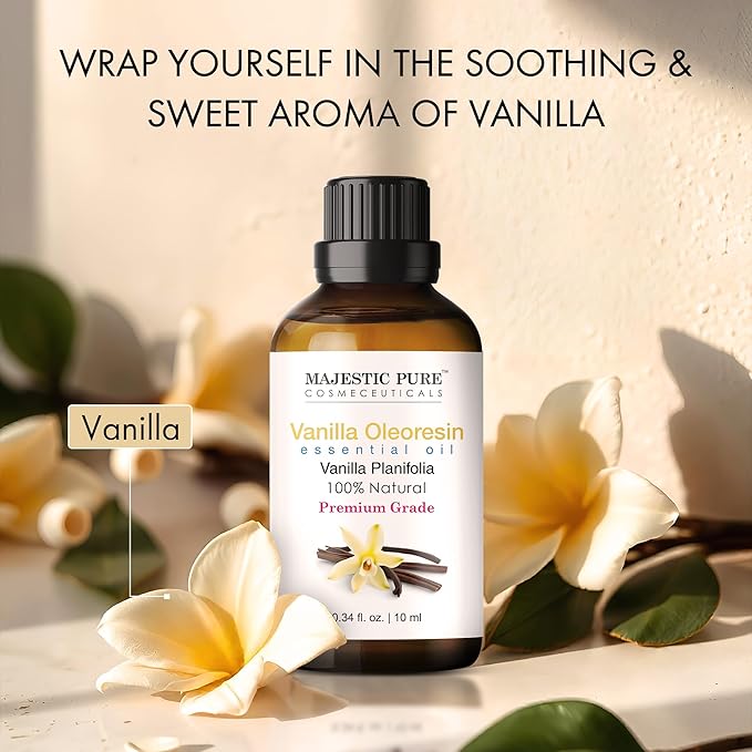 Majestic Pure Essential Oil with Glass Dropper - 100% Pure and Natural - Essential Oils for Diffuser, Aromatherapy, Soap and Candle Making, Vanilla Essential Oil, Vanilla Oil, 0.3 Fl Oz