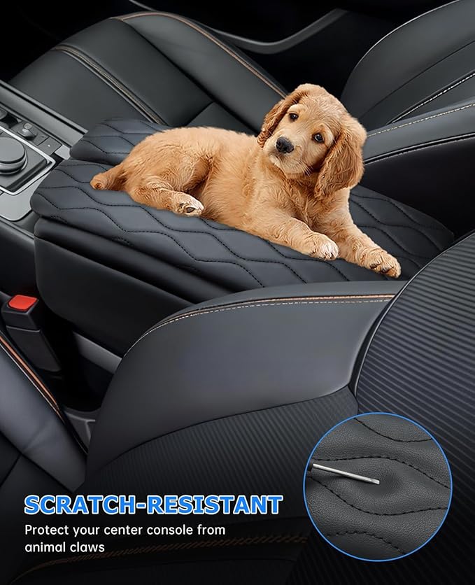 INTGET Center Console Cover for Mazda CX5 Accessories 2026/CX50 CX-50 2023 2024 2025 2026 Car Interior Leather Armrest Arm Rest Lid Cushion Pad Protector (2023+, Black Stitches with Pattern)