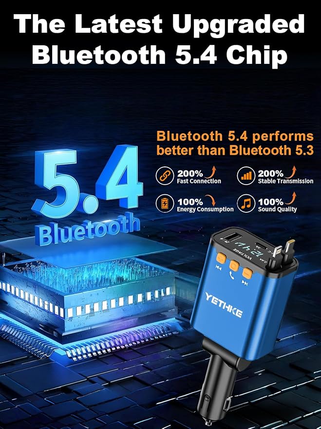 Bluetooth Car Adapter with Retractable Charger,[Upgrade] Bluetooth 5.4 FM Transmitter for Cars, 4 in 1 Fast Car Charger 69W, Handsfree Call, 2*Retractable Cable for iPhone 17/16/15/14, Galaxy-Blue