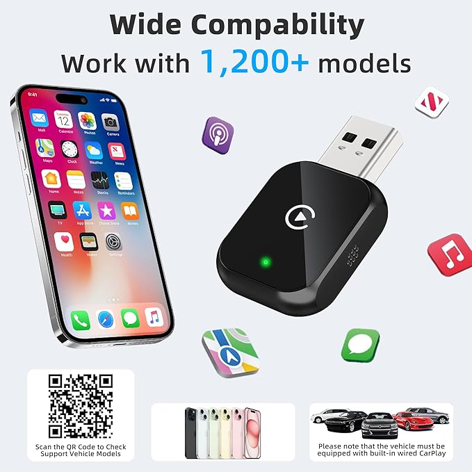 Mini Wireless Carplay Adapter for iPhone - Carplay Wireless Adapter Car Play Dongle, Wired to Wireless, Compatible with iPhone iOS 10+ (Jet Black)