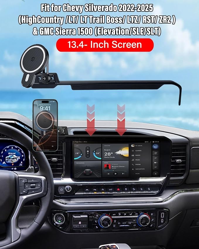 PZK Car Phone Holder for Chevy Silverado 1500/GMC Sierra 1500 2022 2023 2024 2025 2026 Accessories 13.4-Inch Screen Magnetic 15W Fast Wireless Charger Car Phone Mount with 360° Rotating Extension Rod