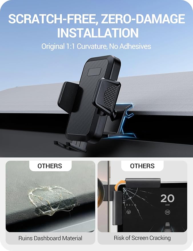 BASENOR Phone Mount for 2025 2026 Tesla Model Y Juniper/Model 3 Highland, Dashboard Phone Holder Does Not Block View [No Adhesive][Dual Arms][360° Adjustable] Tesla Accessories Fit All Smartphone