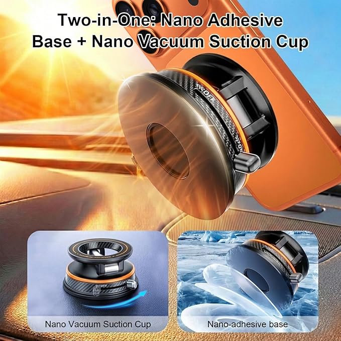Magnetic Car Phone Holder, 3000gf MagSafe Suction, 360° Adjustable Zinc Alloy Mount for Dashboard/Windshield, Compatible with iPhone 17/16/15 Series (Orange)