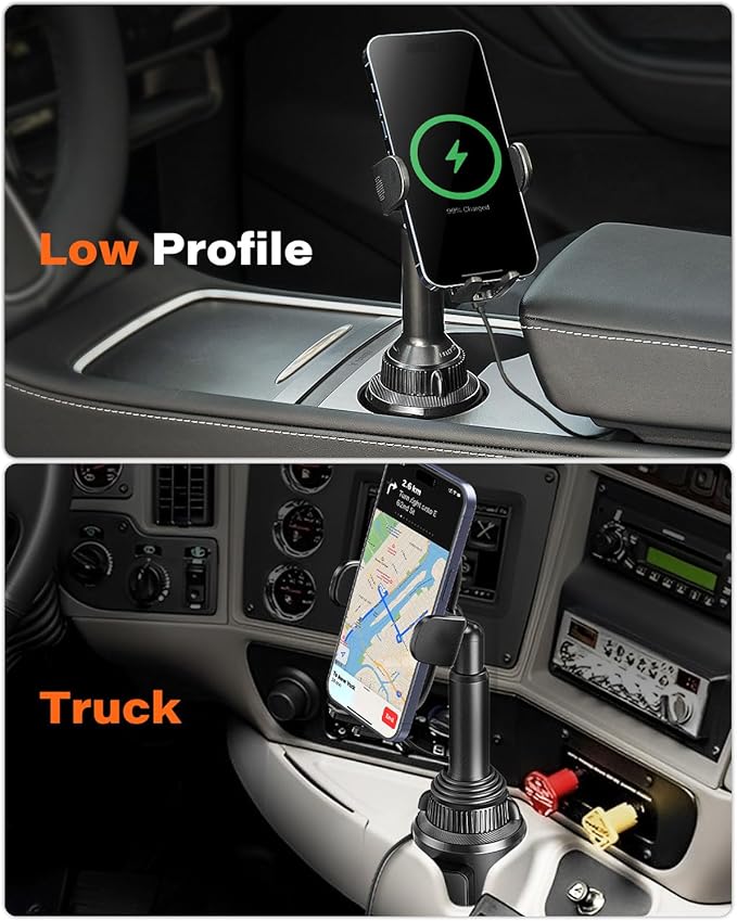 APPS2Car 15W Qi Wireless Car Charger Solid Cup Holder Mount, Adjustable Long Arm & 360° Rotation, Fits 3"–4" Round Cup Holders, Works with Cases ≤ 4 mm (No Metal Attachments)