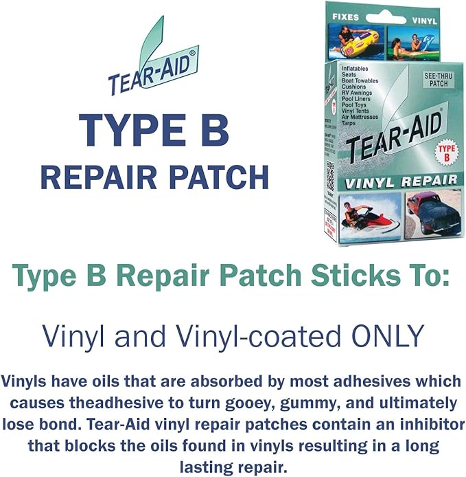 TEAR-AID Vinyl Repair Kit, Type B Clear Patch for Vinyl-Coated Materials, Works on Tents, Awnings, Air Matresses, Pool Liners and More, Green Box, Single Pack