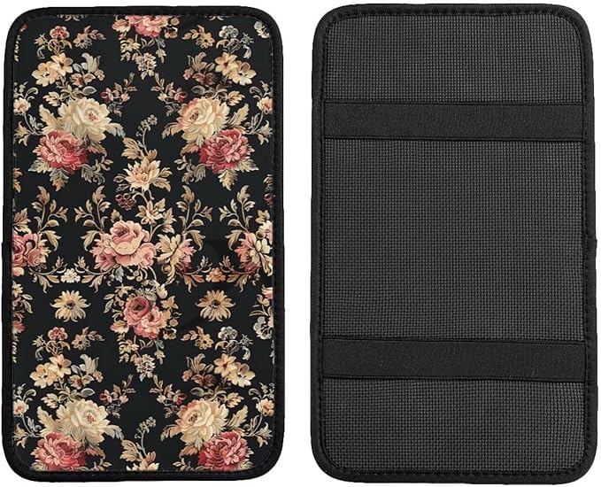 Vintage Flower Car Center Console Cover Rose Floral Girly Car Armrest Cover Universal Car Arm Rest Cover Car Interior Accessories Protector for Vehicle SUV Truck Sedans