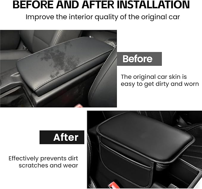Car Center Console Cover, 11.6"×8.3" Leather Car Armrest Cushion Pad with 2 Storage Pockets, Comfortable Arm Rest Box Cover Mat for Most Vehicles, Universal Interior Accessories (Black)