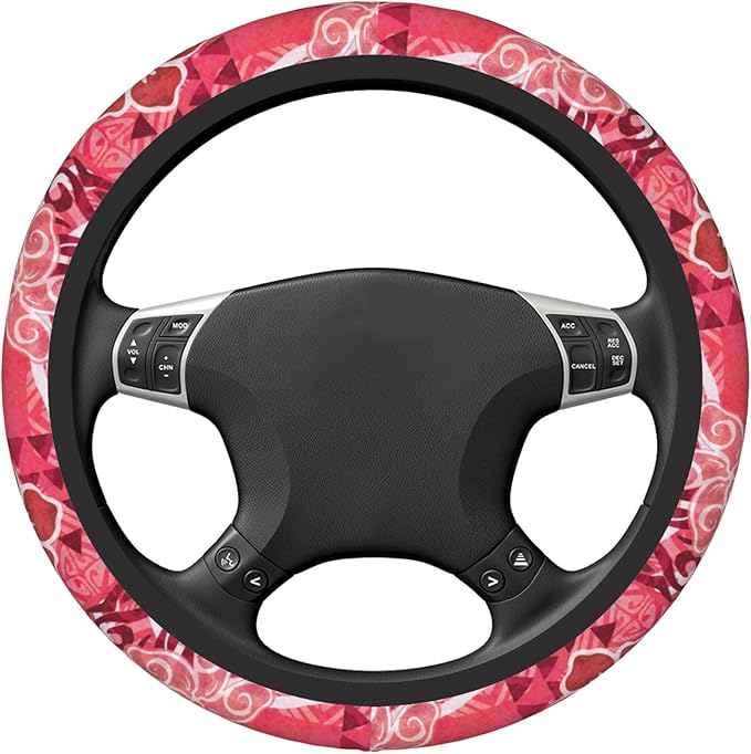 Red Hibiscus Polynesian Tapa Car Steering Wheel Cover 14-15 Inch for Women Men - Stretch Cloth Anti-Slip Wrap Protector Case - Fit Universal Auto Accessories Decor - Sweat Absorption