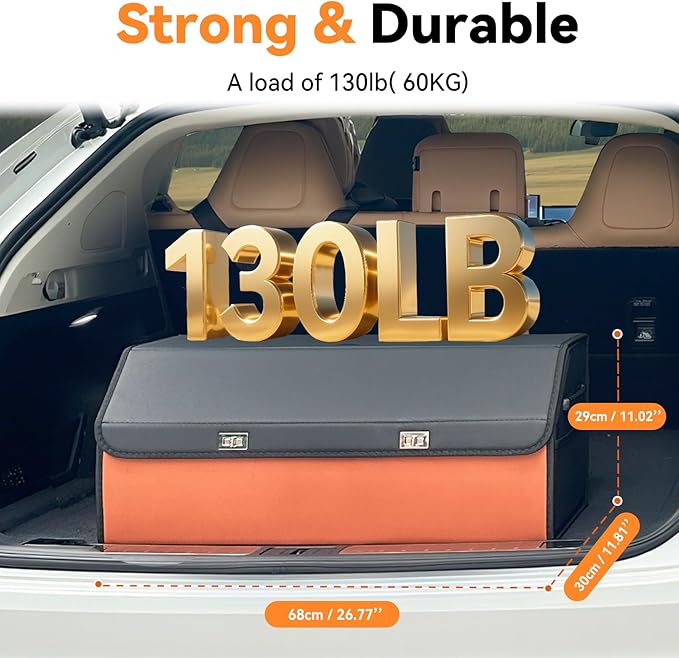 Noaman Leather Trunk Organizer for SUV - Large Car Trunk Storage Organizer with Lid and 2 Removable Dividers, Foldable Car Organizers and Storage Box for Sedan with 2 Metal Locking Clasps Black.