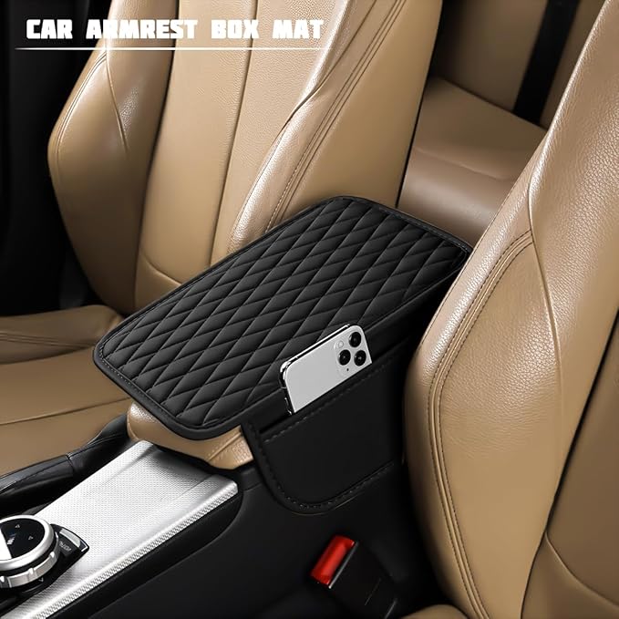 Car Armrest Cushion Pad, Leather Vehicle Center Console Cover with 2 Storage Bags, Non-Slip Automotive Interior Arm Rest Seat Box Cover Accessories, Universal for SUV RV Sedan (Black)