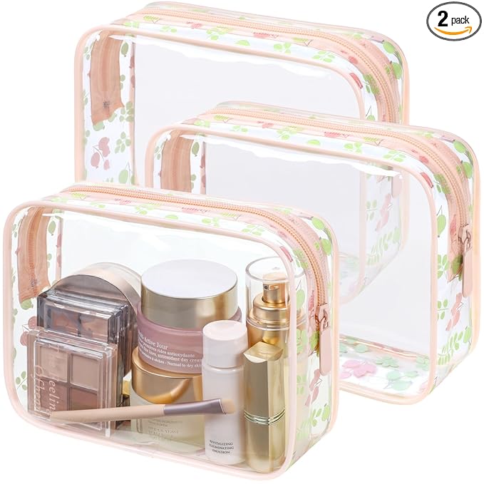 PACKISM TSA Approved Toiletry Bag - Pink Floral Print Clear Travel Bags, Suitable for Gifts, with Supporting Frame, Perfect for Travel Essentials, Thick No Smell