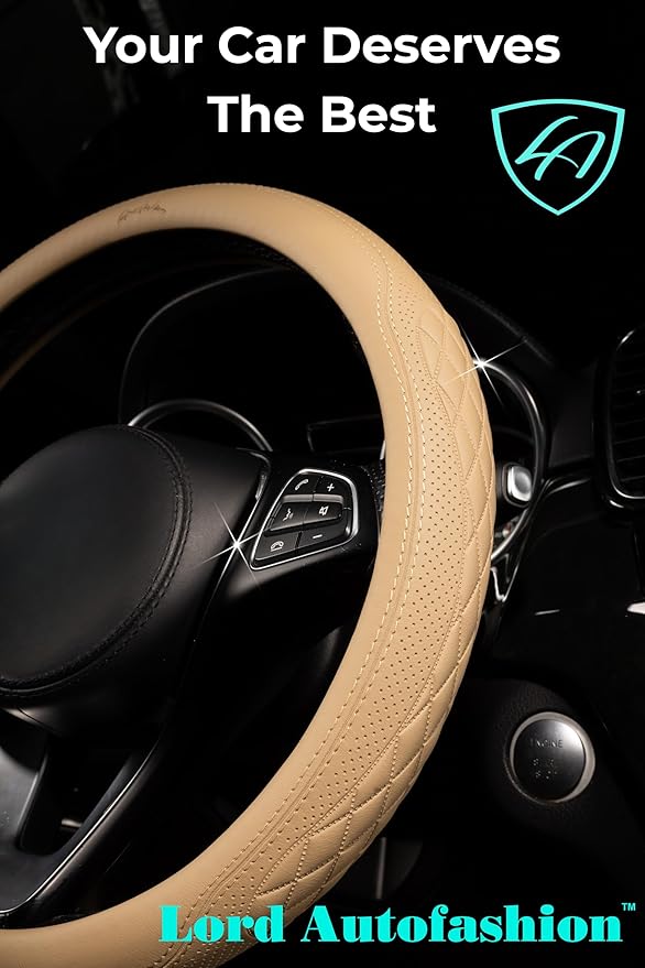 Lord Autofashion Steering Wheel Cover – PU Leather, Non-Slip Rubber Inner, All-Season Comfort – 14.5–15 Inch (Beige 9366)