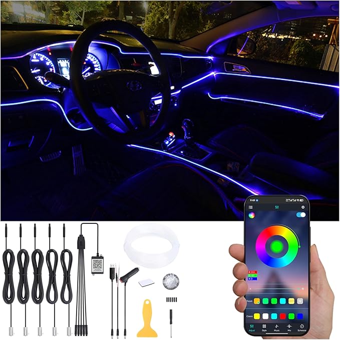 Car Ambient Lighting Optic Fiber 64 Colors Music Sound Active with APP Control Car Decorative Atmosphere Lighting Kit DC 12V 1W 6m