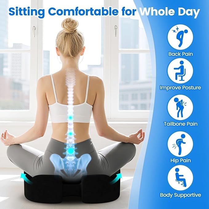 Seat Cushion, Memory Foam Chair Cushions for Tailbone/Sciatica Easing, Chair Pillow with Handles for Car, Office Chair Cushion with Non-Slip Design, Ideal for Post-Surgery Recovery(Black)