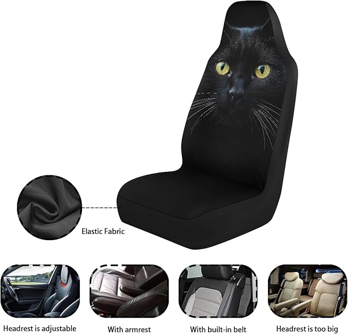 BIGCARJOB Durable Washable Black Cat Car Seat Covers 2pc Front Seat Only Ultra-Soft Universal Auto Drive Seat Protector Cover