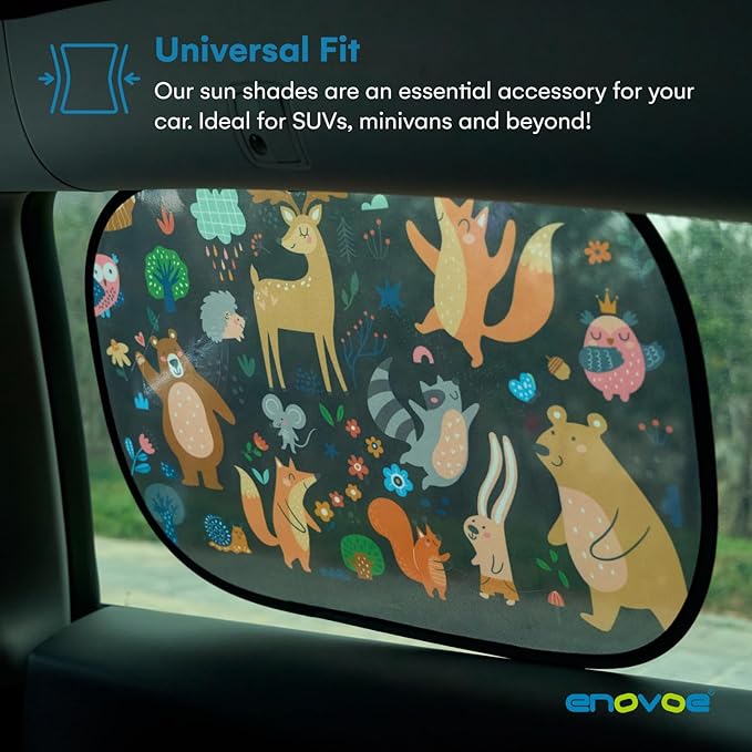 Enovoe 2 Pack Animals Cartoon Car Window Sun Shades for Kids - 21x14 Inches - Baby Sun Shades - Glare and UV Rays Protection Car Window Shades, Suitable for SUVs, Minivans and Full Size Cars