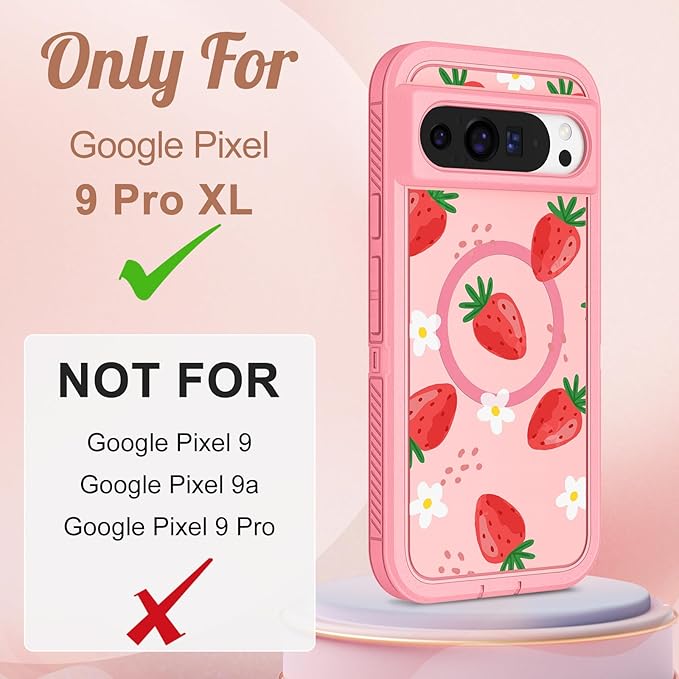 for Google Pixel 9 Pro XL Case - Compatible with MagSafe Women Cute Girls Magnetic Protective Cover Strawberry Girly Kawaii Design Heavy Duty Shockproof Phone Case for Pixel 9 Pro XL 6.8"