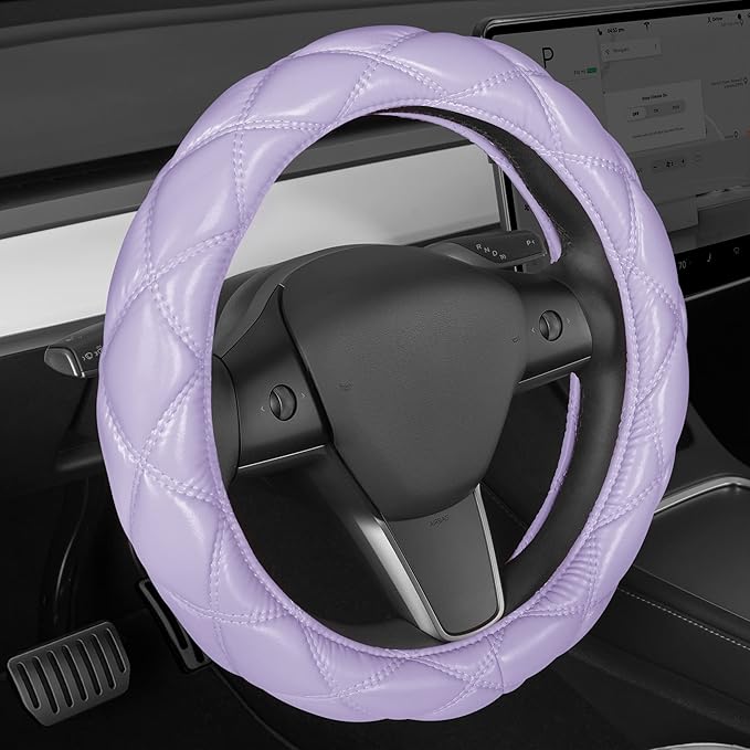 Purple Stitched Leather Steering Wheel Cover for Women, Standard 15 Inch Size Fits Most Vehicles, Cute Faux Car Steering Cover with Diamond Double-Stitch Detail, Car Accessories for Women