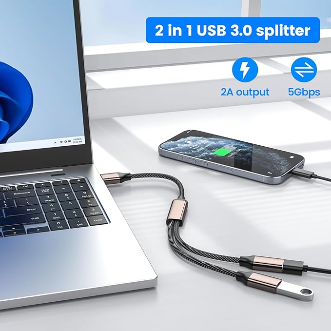 MOGOOD USB Splitter 1 in 2 Out,USB 3.0 Splitter Y Cable,Dual USB Port Extender Hub USB Male to Two Female Extension Cord Multi Port USB Extension Splitter Data Charging Split for Car,PC,TV,Laptop