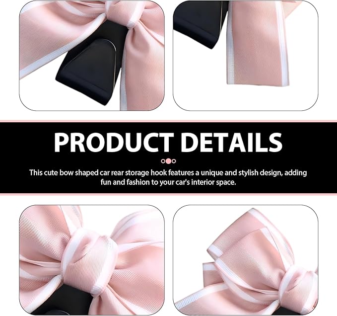 2PCS Car Seat Headrest Hooks, Cute Bow Purse Hook for Car, Vehicle Rear Seat Storage Hooks Hanger for Bag, Umbrellas, Purses, Universal Auto Interior Decorating Accessories (Satin-Pink)