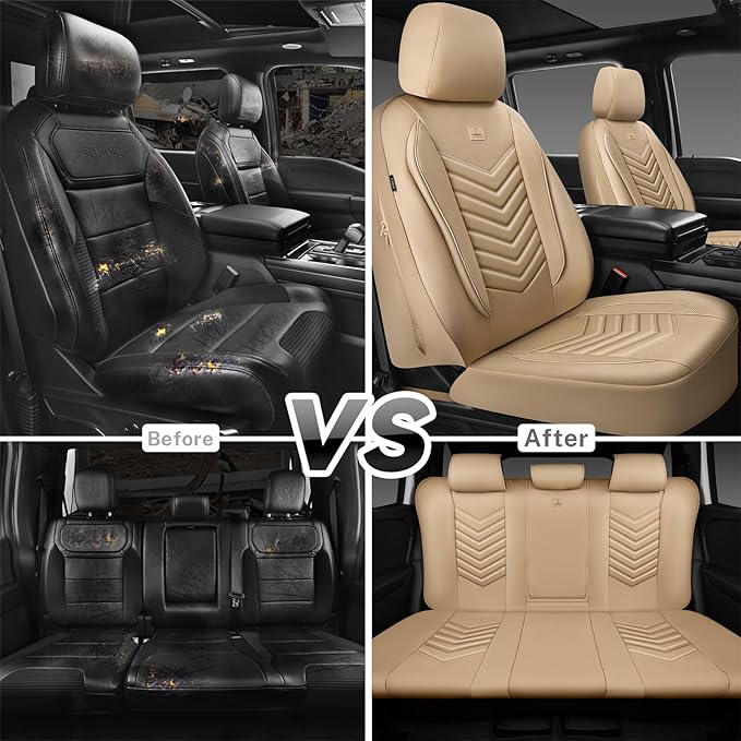 CAR PASS 3D Foam Faux Leather Car Seat Covers Full Set,Waterproof Tan Leather Seat Cover for Cars,Luxury Universal Fit Anti-Slip for SUV Truck Sedan Automotive,Armrest Airbag Compatible,All Beige